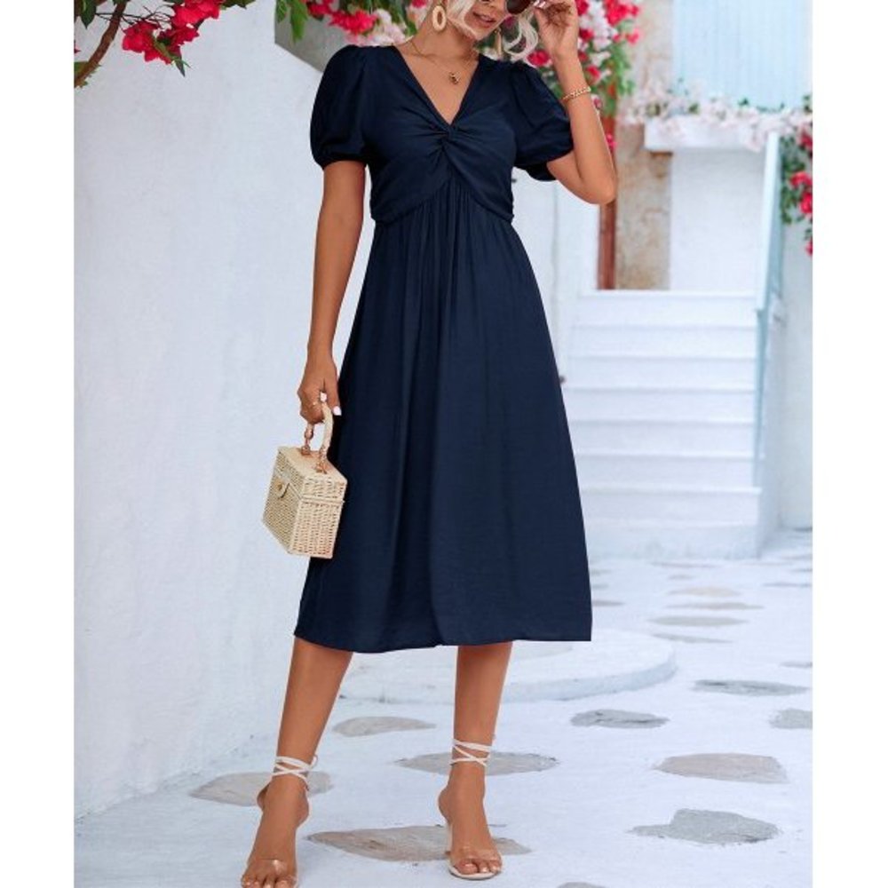 ⭐️Navy Blue Knot-Front V-Neck Midi Dress NWT